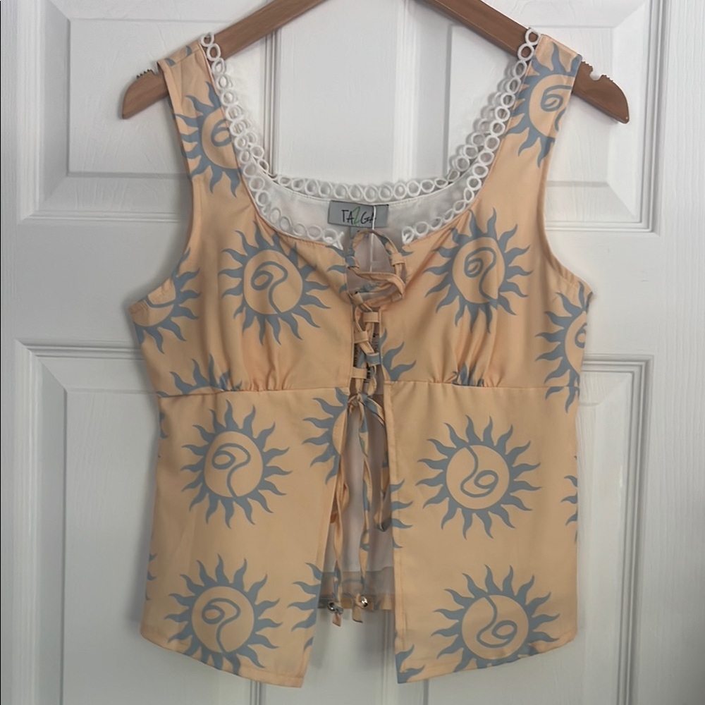 Cream/Peach and Blue Sleeveless Tie Front Tank Top